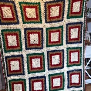 Handmade Crochet Afghan Throw Blanket - Cream, Red, Green, Navy
